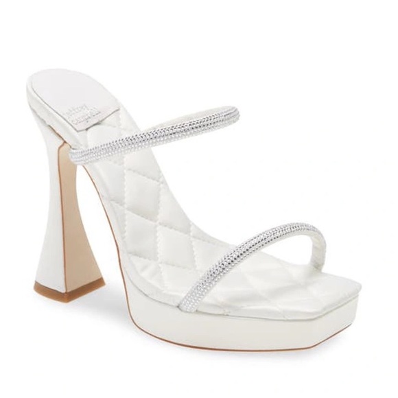 Jeffrey Campbell Shoes - Jeffrey Campbell “Movie” Platform Mule in Satin White and Rhinestones
